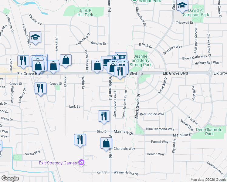 map of restaurants, bars, coffee shops, grocery stores, and more near 9290 Waterman Road in Elk Grove
