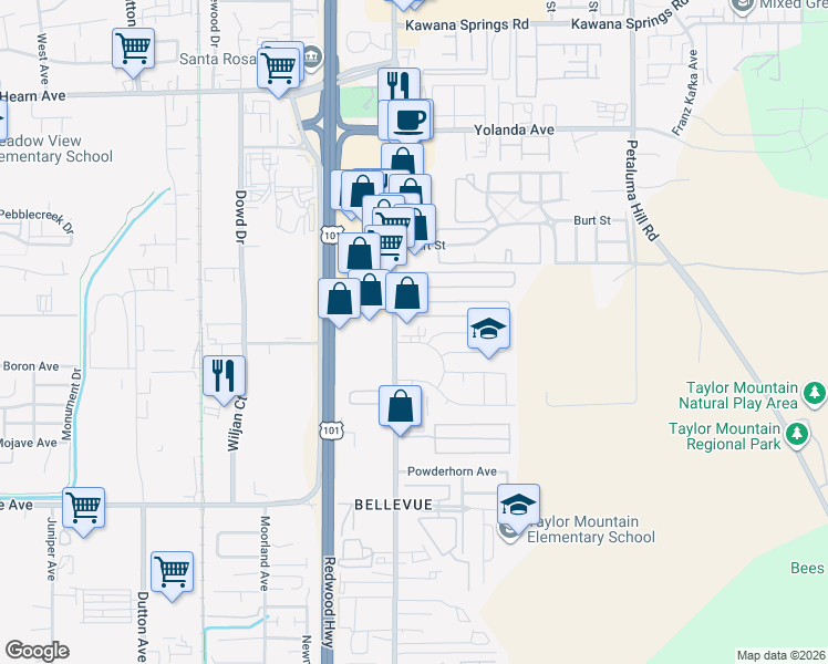 map of restaurants, bars, coffee shops, grocery stores, and more near in Santa Rosa