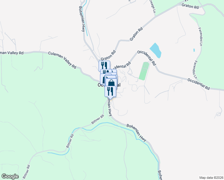 map of restaurants, bars, coffee shops, grocery stores, and more near in Occidental