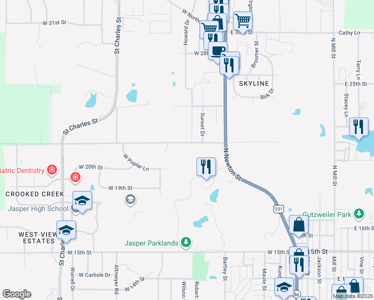map of restaurants, bars, coffee shops, grocery stores, and more near 461 West Schuetter Road in Jasper