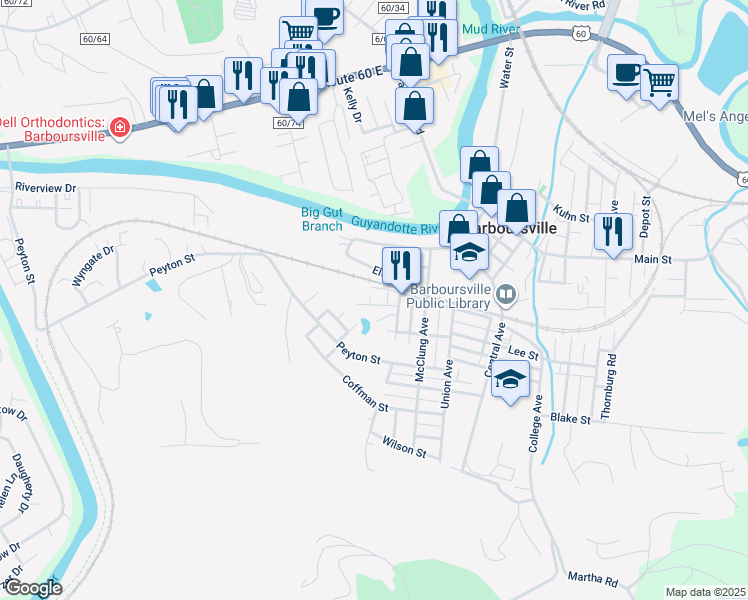 map of restaurants, bars, coffee shops, grocery stores, and more near 8 Collins Court in Barboursville