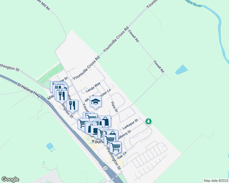 map of restaurants, bars, coffee shops, grocery stores, and more near 2 Redwood Drive in Yountville