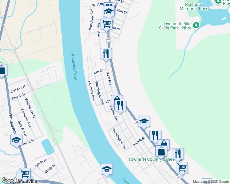 map of restaurants, bars, coffee shops, grocery stores, and more near 401 1st Avenue in Nitro