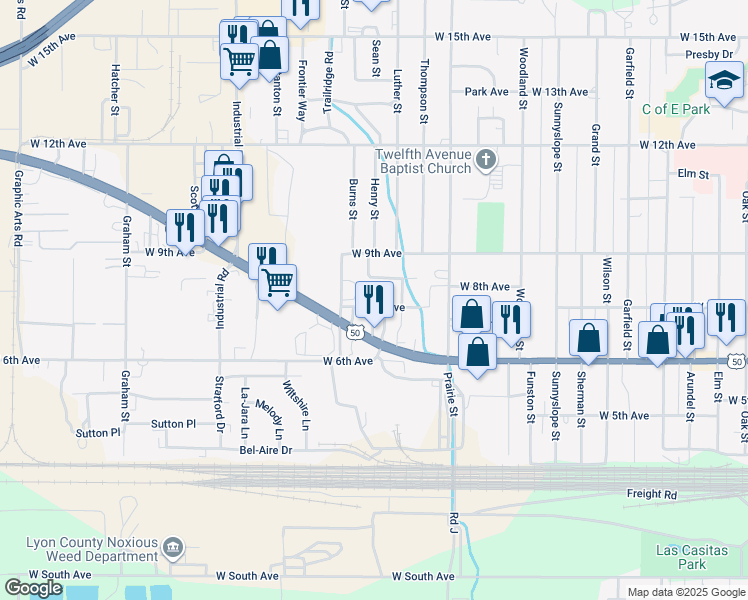 map of restaurants, bars, coffee shops, grocery stores, and more near 2325 West 8th Avenue in Emporia