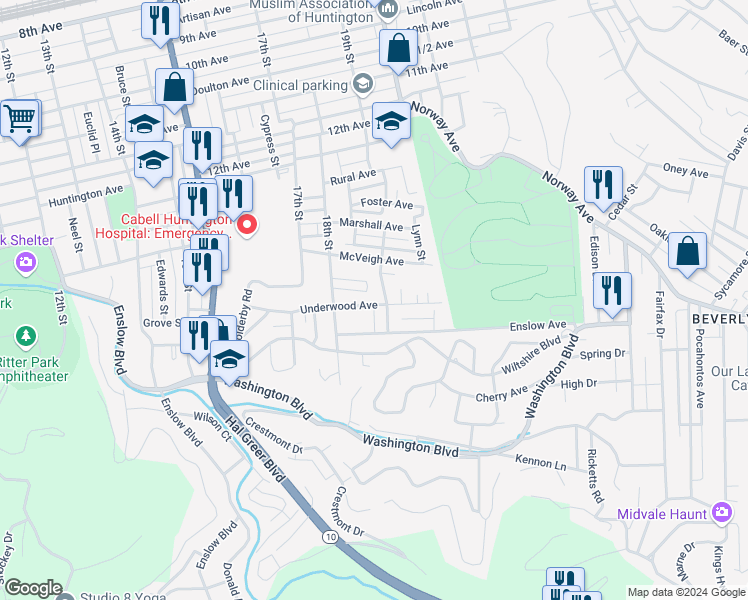 map of restaurants, bars, coffee shops, grocery stores, and more near 1854 Underwood Avenue in Huntington