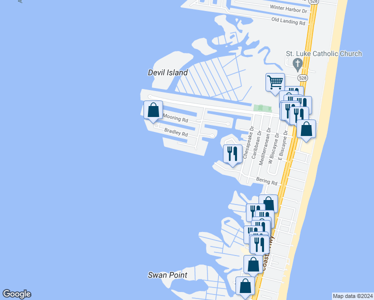 map of restaurants, bars, coffee shops, grocery stores, and more near 701 Rusty Anchor Road in Ocean City