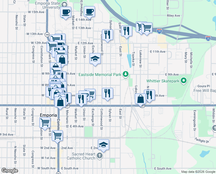 map of restaurants, bars, coffee shops, grocery stores, and more near 801 Sylvan St in Emporia