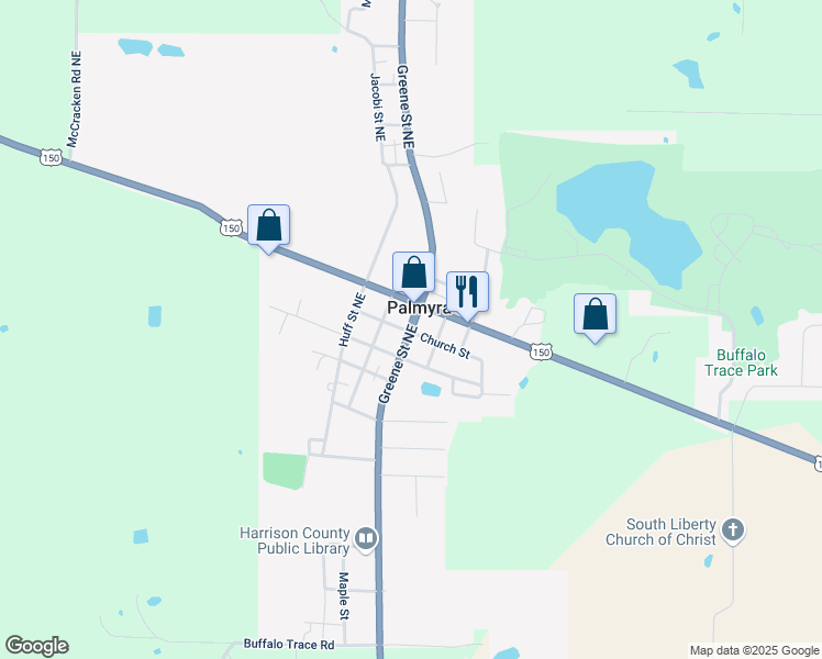 map of restaurants, bars, coffee shops, grocery stores, and more near 14110 Greene Street Northeast in Palmyra