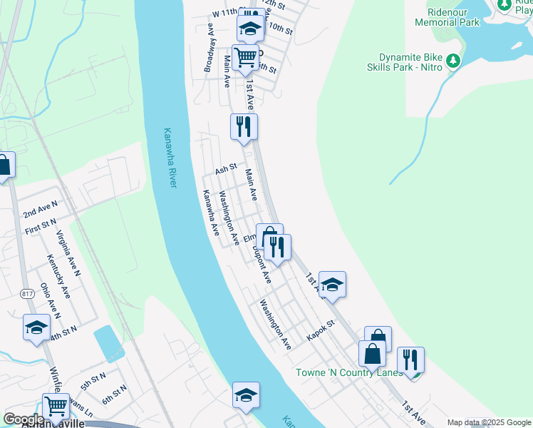 map of restaurants, bars, coffee shops, grocery stores, and more near 401 1st Avenue in Nitro