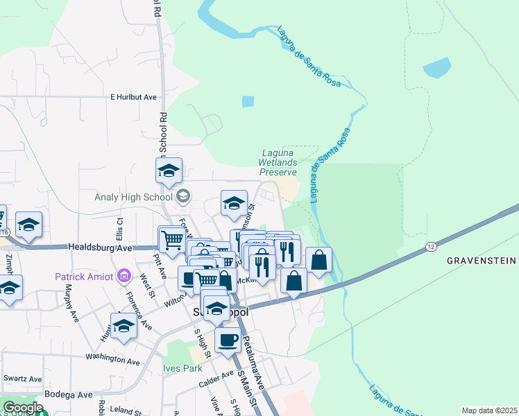 map of restaurants, bars, coffee shops, grocery stores, and more near 620B Johnson Street in Sebastopol