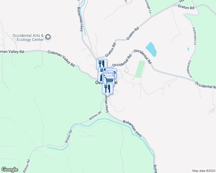 map of restaurants, bars, coffee shops, grocery stores, and more near in Occidental