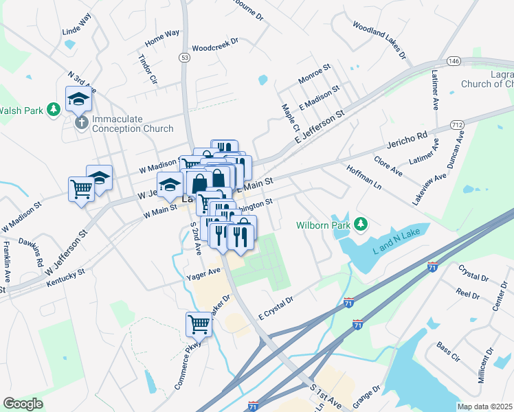 map of restaurants, bars, coffee shops, grocery stores, and more near 306 East Washington Street in La Grange