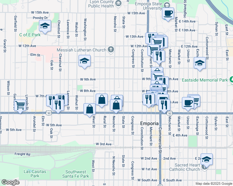 map of restaurants, bars, coffee shops, grocery stores, and more near 811 State Street in Emporia