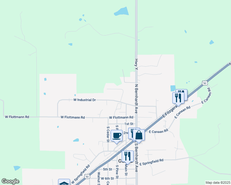 map of restaurants, bars, coffee shops, grocery stores, and more near 190 Northridge Drive in Gerald