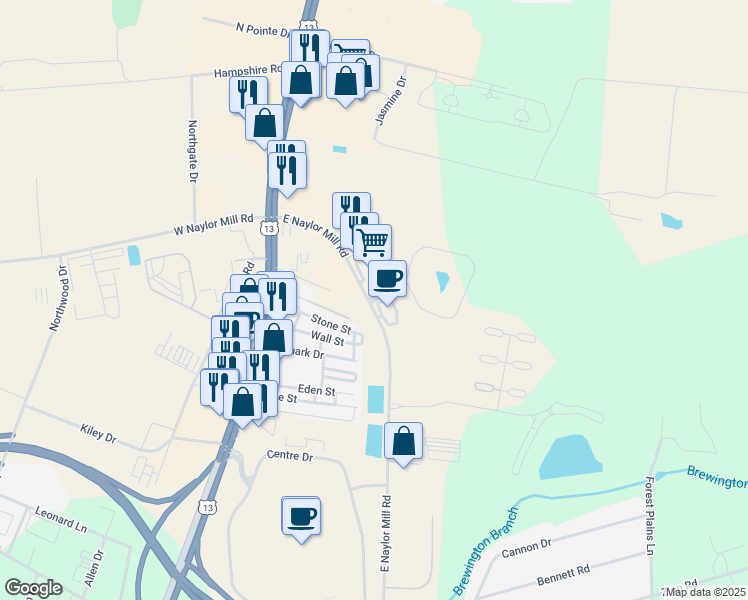 map of restaurants, bars, coffee shops, grocery stores, and more near 303 Mill Pond Lane in Salisbury
