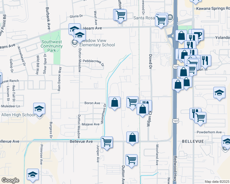 map of restaurants, bars, coffee shops, grocery stores, and more near 2965 Dutton Avenue in Santa Rosa