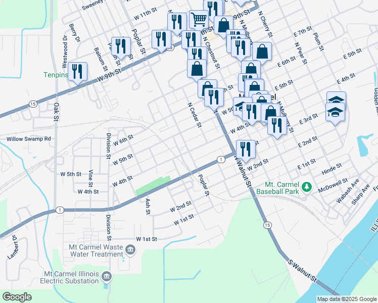 map of restaurants, bars, coffee shops, grocery stores, and more near 400 Poplar Street in Mount Carmel