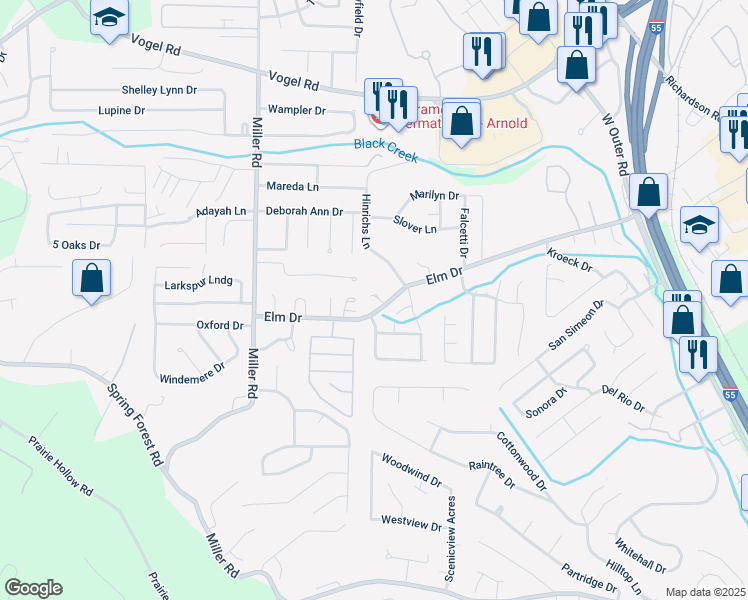 map of restaurants, bars, coffee shops, grocery stores, and more near 2521 Elm Drive in Arnold