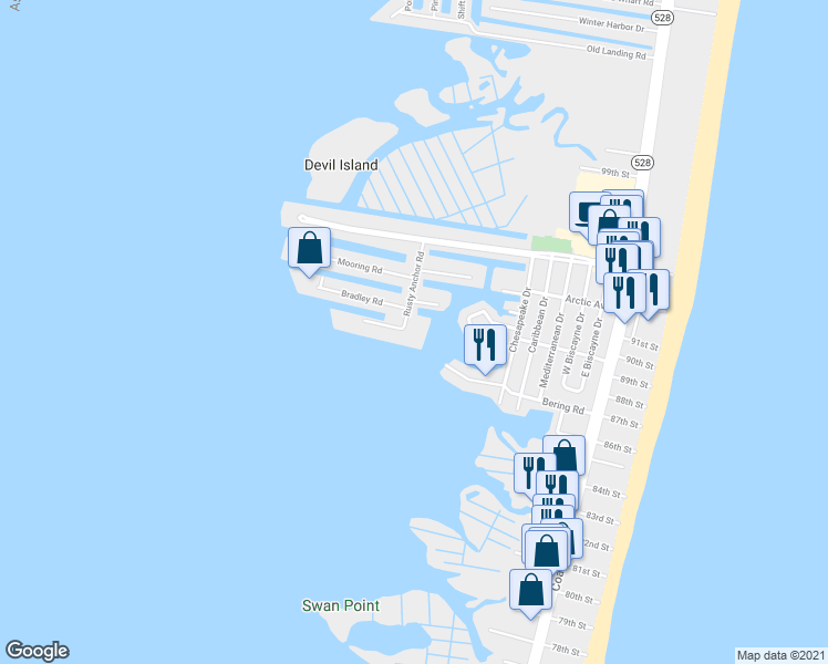 map of restaurants, bars, coffee shops, grocery stores, and more near 700 Rusty Anchor Road in Ocean City