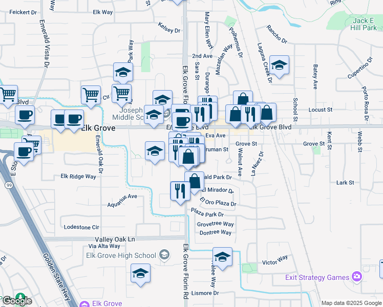 map of restaurants, bars, coffee shops, grocery stores, and more near 9645 Elk Grove Florin Road in Elk Grove