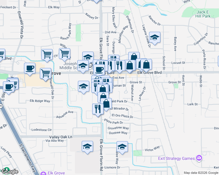 map of restaurants, bars, coffee shops, grocery stores, and more near 9645 Elk Grove Florin Road in Elk Grove