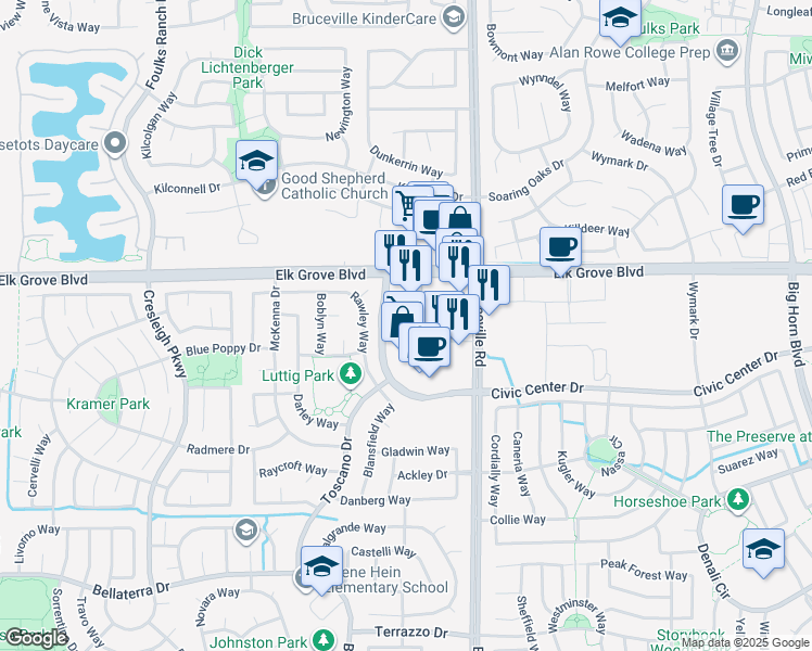 map of restaurants, bars, coffee shops, grocery stores, and more near 9650 Bruceville Road in Elk Grove