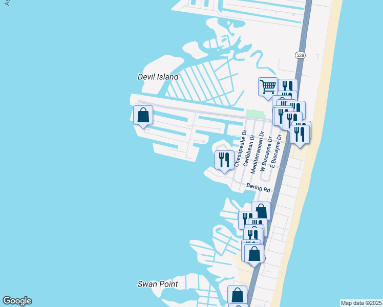 map of restaurants, bars, coffee shops, grocery stores, and more near 700 Rusty Anchor Road in Ocean City