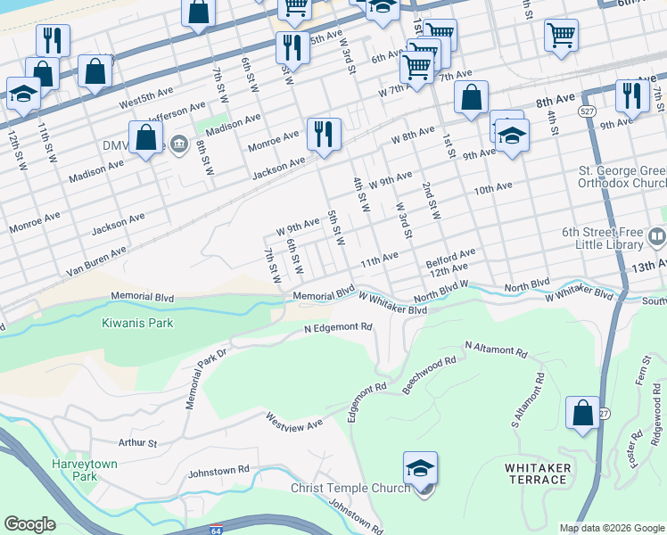 map of restaurants, bars, coffee shops, grocery stores, and more near 504 11th Street in Huntington