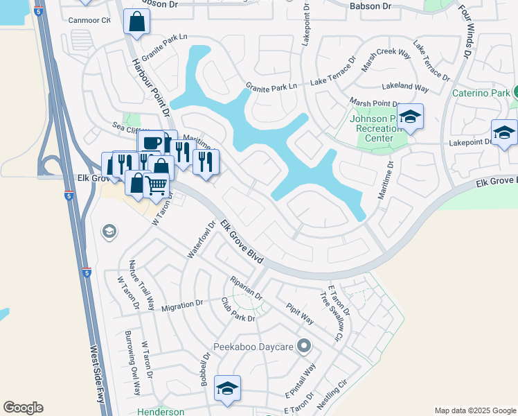 map of restaurants, bars, coffee shops, grocery stores, and more near 2829 Turnbuckle Circle in Elk Grove