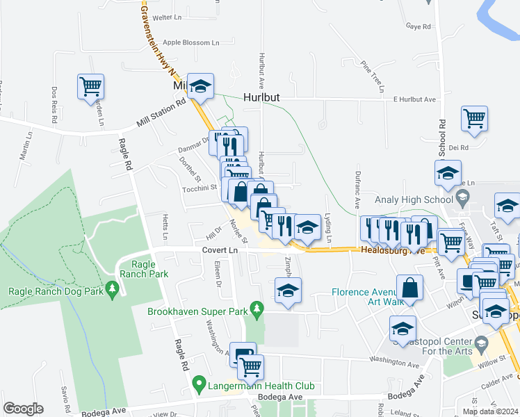 map of restaurants, bars, coffee shops, grocery stores, and more near 700 Gravenstein Highway North in Sebastopol
