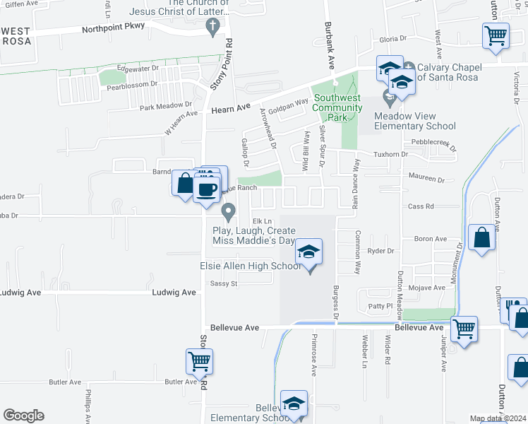map of restaurants, bars, coffee shops, grocery stores, and more near 2772 Antelope Lane in Santa Rosa