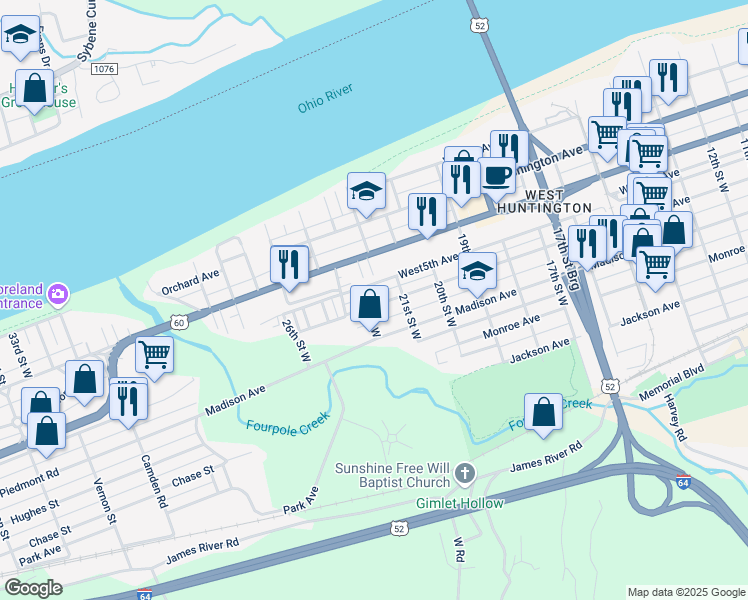 map of restaurants, bars, coffee shops, grocery stores, and more near 2122 Jefferson Avenue in Huntington