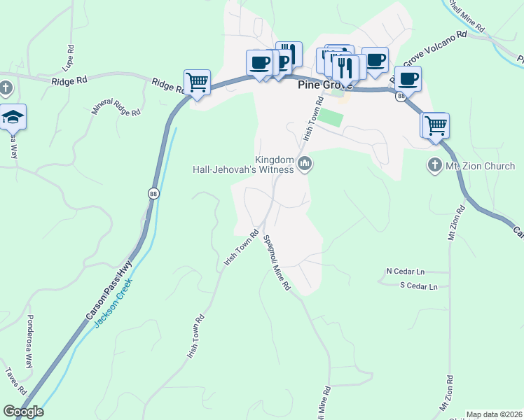 map of restaurants, bars, coffee shops, grocery stores, and more near 13799 Irish Town Road in Pine Grove