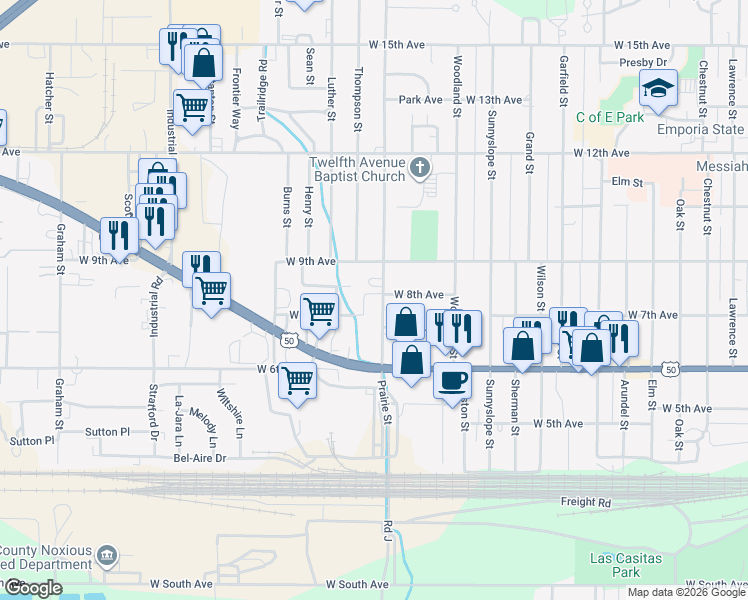 map of restaurants, bars, coffee shops, grocery stores, and more near 711 Prairie Street in Emporia