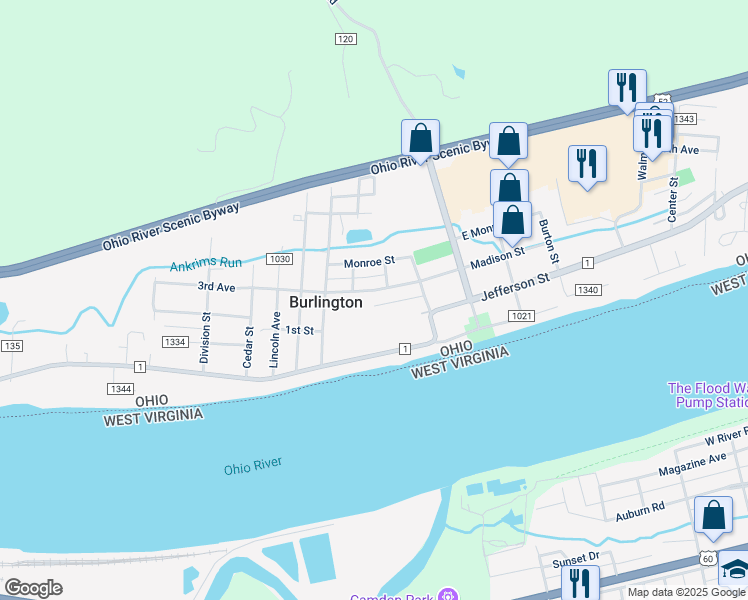 map of restaurants, bars, coffee shops, grocery stores, and more near 250 Township Road 1019 in South Point
