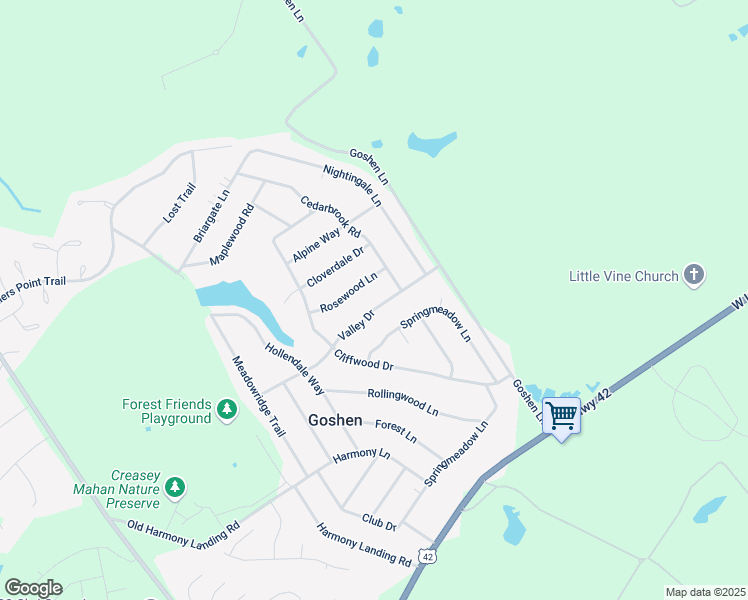 map of restaurants, bars, coffee shops, grocery stores, and more near 12105 Valley Drive in Goshen