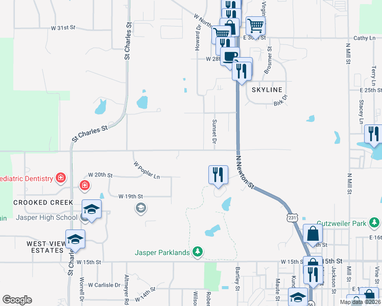 map of restaurants, bars, coffee shops, grocery stores, and more near 461 West Schuetter Road in Jasper