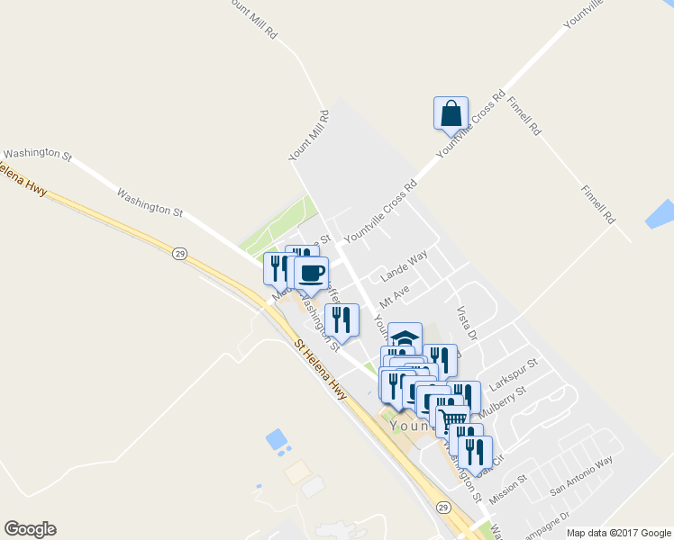 map of restaurants, bars, coffee shops, grocery stores, and more near 2041 Madison Street in Yountville