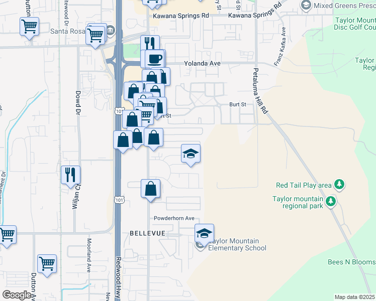 map of restaurants, bars, coffee shops, grocery stores, and more near 228 Pear Lane in Santa Rosa