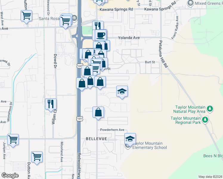 map of restaurants, bars, coffee shops, grocery stores, and more near 148 Pear Lane in Santa Rosa