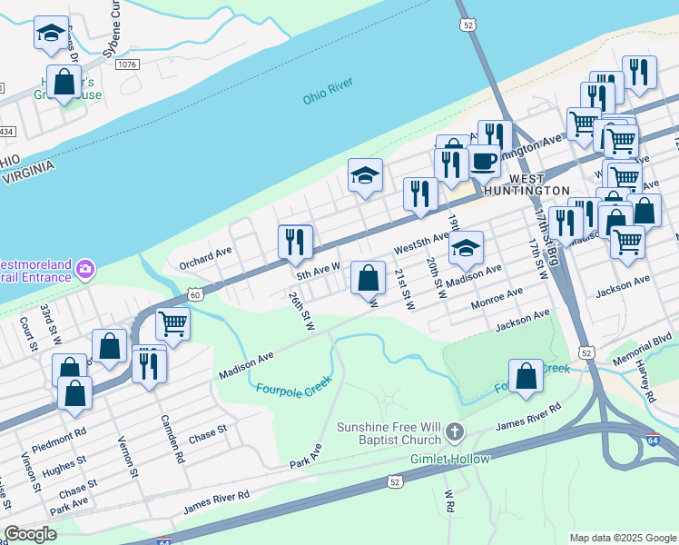 map of restaurants, bars, coffee shops, grocery stores, and more near 600 23rd Street West in Huntington