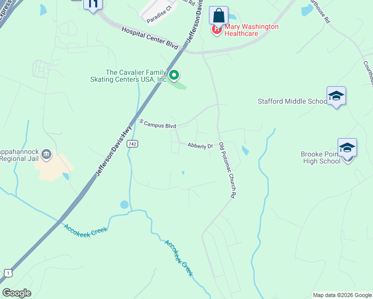 map of restaurants, bars, coffee shops, grocery stores, and more near 140 Abberly Drive in Stafford