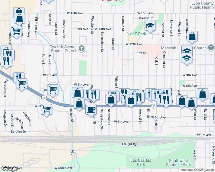 map of restaurants, bars, coffee shops, grocery stores, and more near 713 Sherman Street in Emporia