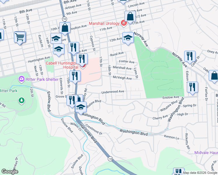 map of restaurants, bars, coffee shops, grocery stores, and more near 1813 18th Street in Huntington