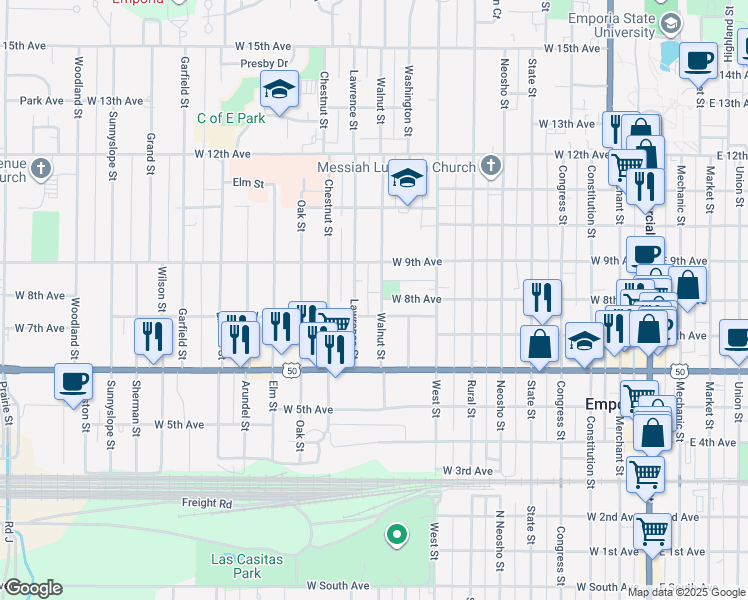 map of restaurants, bars, coffee shops, grocery stores, and more near 801 Walnut St in Emporia