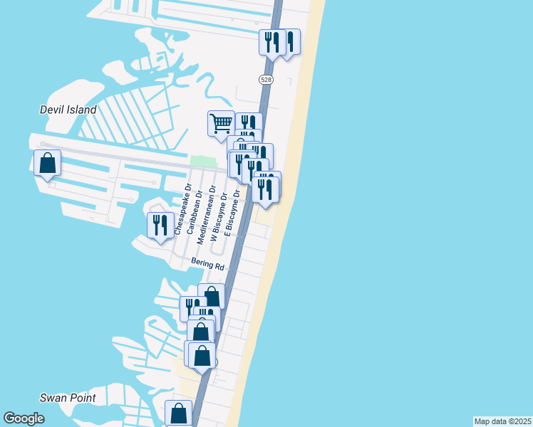 map of restaurants, bars, coffee shops, grocery stores, and more near 9100 Coastal Highway in Ocean City