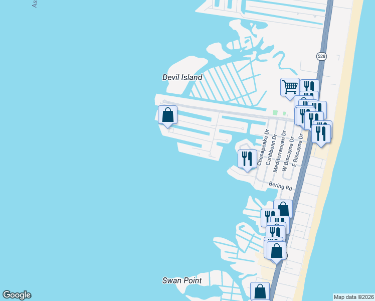 map of restaurants, bars, coffee shops, grocery stores, and more near 720 Rusty Anchor Road in Ocean City