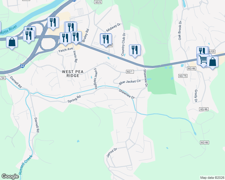 map of restaurants, bars, coffee shops, grocery stores, and more near 4963 Shawnee Drive in Huntington