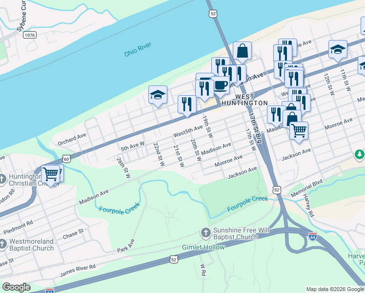 map of restaurants, bars, coffee shops, grocery stores, and more near 2031 Jefferson Avenue in Huntington