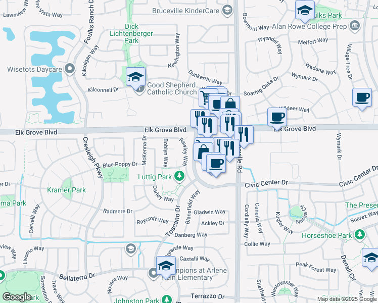 map of restaurants, bars, coffee shops, grocery stores, and more near 6927 Rawley Way in Elk Grove